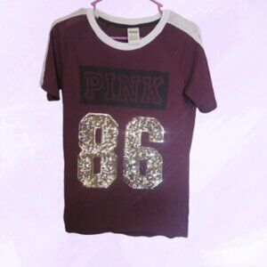 PINK Victoria's Secret outline pink sequined 86 t-shirt "pink" down sleeves XS